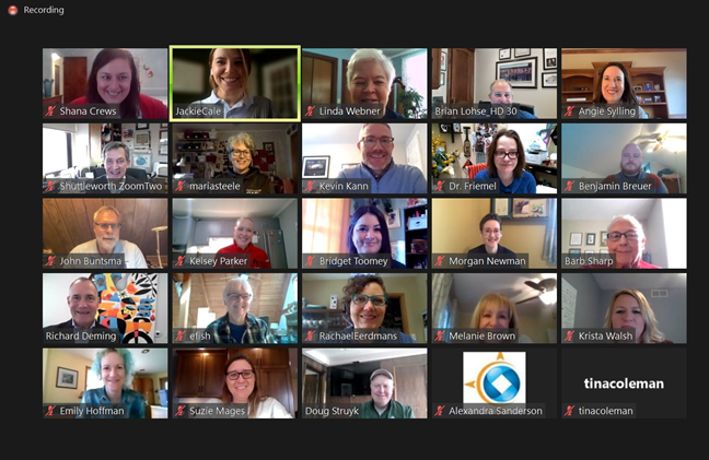 Dozens of ACS CAN volunteers pose for a Zoom screen capture with Representative Brian Lohse