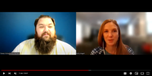 Screenshot of a video Zoom call with Danny Schnathorst (he/him) and Kelly Angell (she/her).