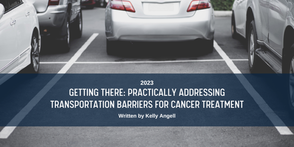 Une place de parking vide dans un parking par ailleurs plein, avec le texte : &quot;Getting There : Aborder de manière pratique les obstacles au transport pour le traitement du cancer&quot; par Kelly Angell, 2023