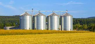 Four metal grain silos in a yellow field.