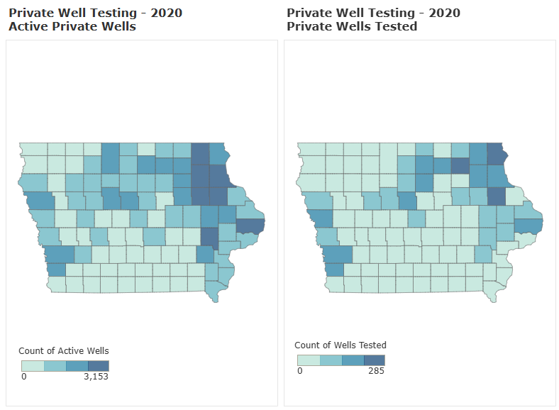 Map of Iowa showing 96.497 private wells, with only 6,310 of those up to date on testing in 2020.