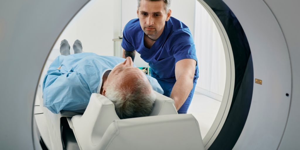 Patient lying down to receive CT for lung cancer.